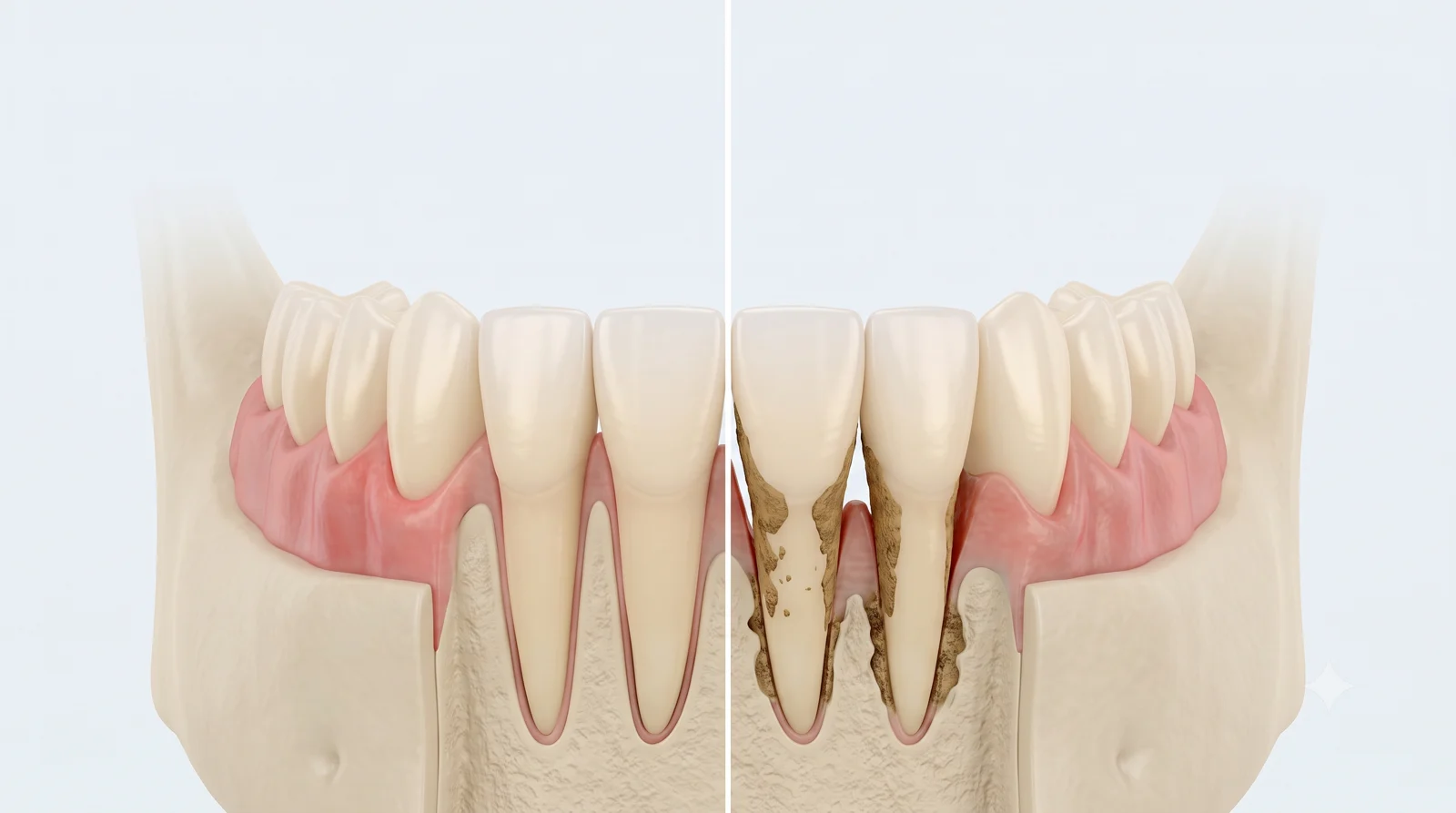 Kesitte sağlıklı diş ile derin periodontal cepli dişin karşılaştırması