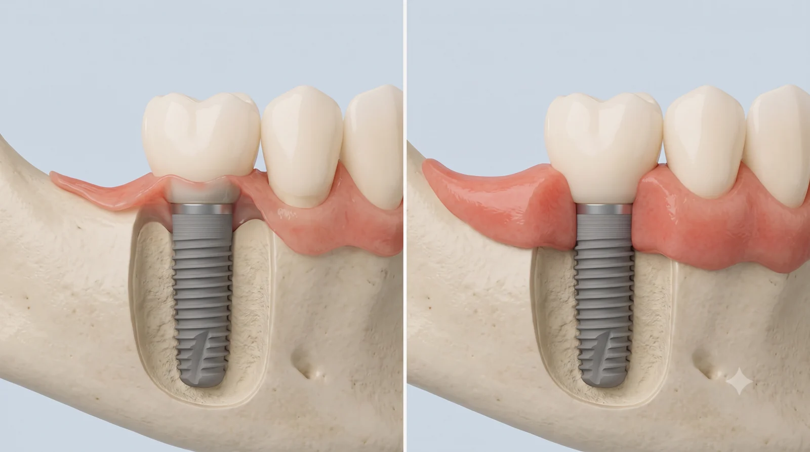 İnce mukozalı implant ile kalın koruyucu bantlı implant kesiti