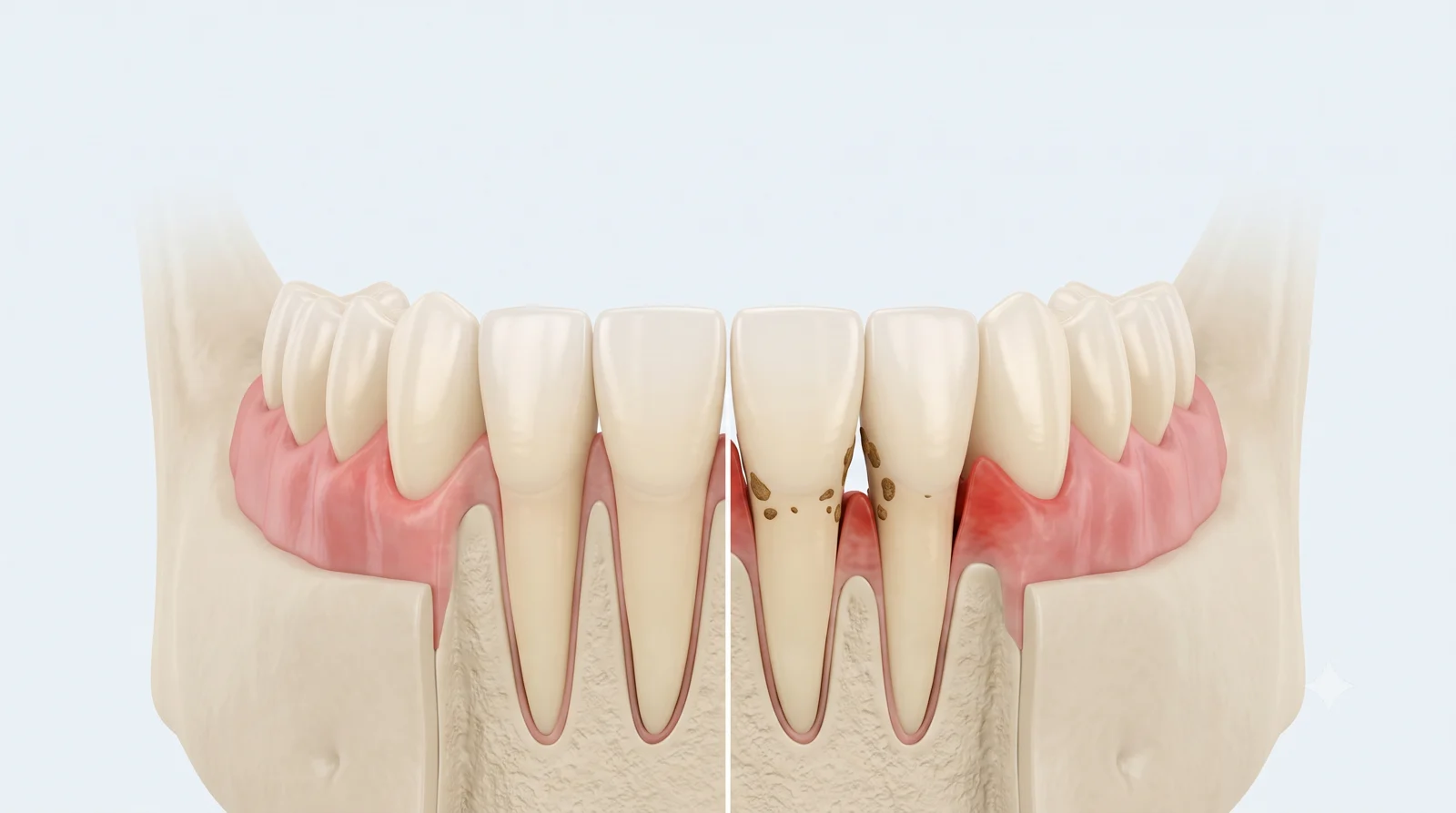 Kesitte periodontal cep, kök yüzeyinde diş taşı ve azalmış kemik seviyesi