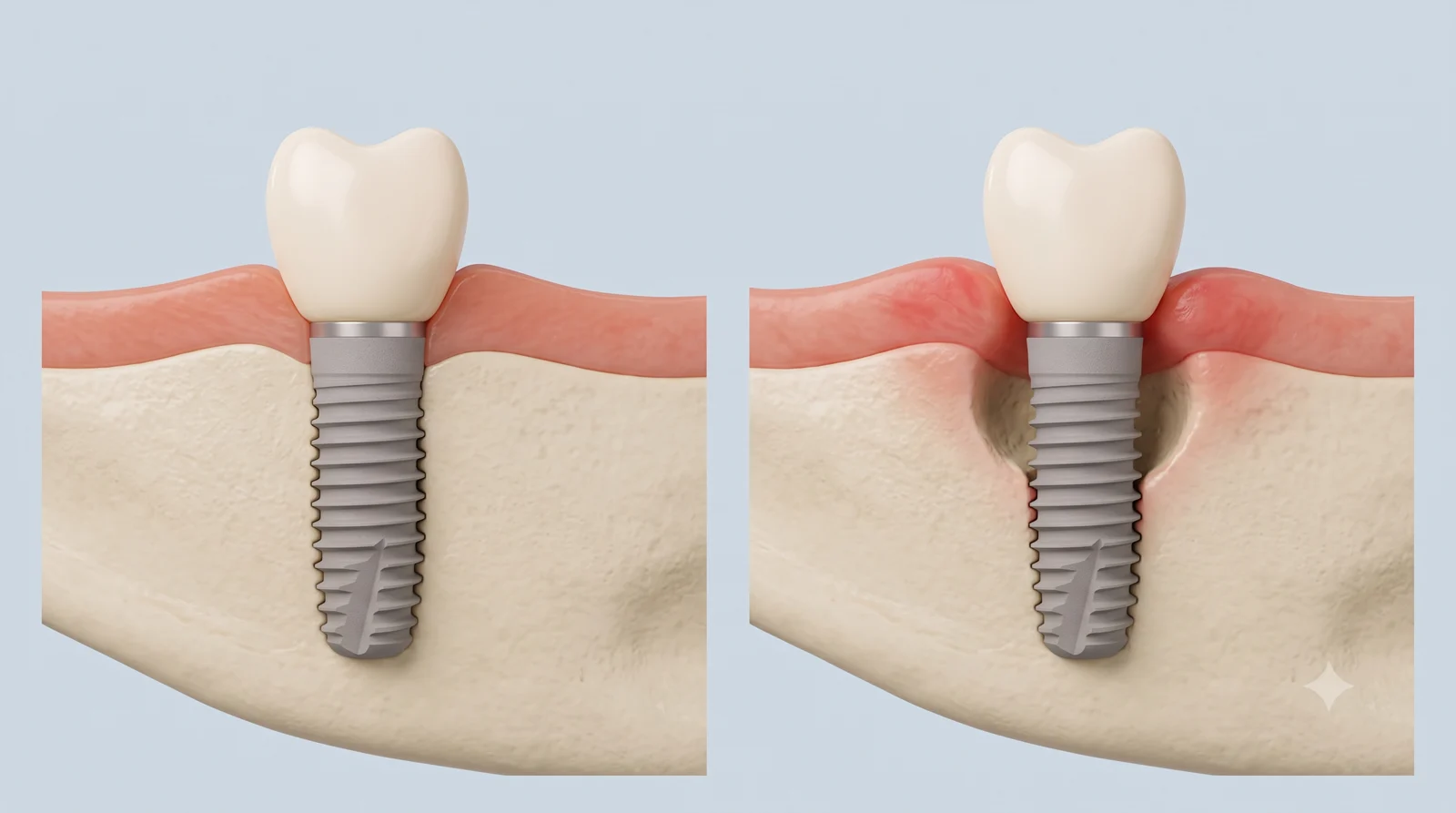Sağlıklı implant ile peri-implantitisli implantın kesit karşılaştırması